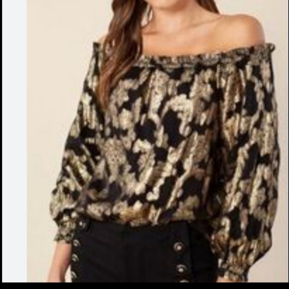 Black and Gold Floral Peasant Top